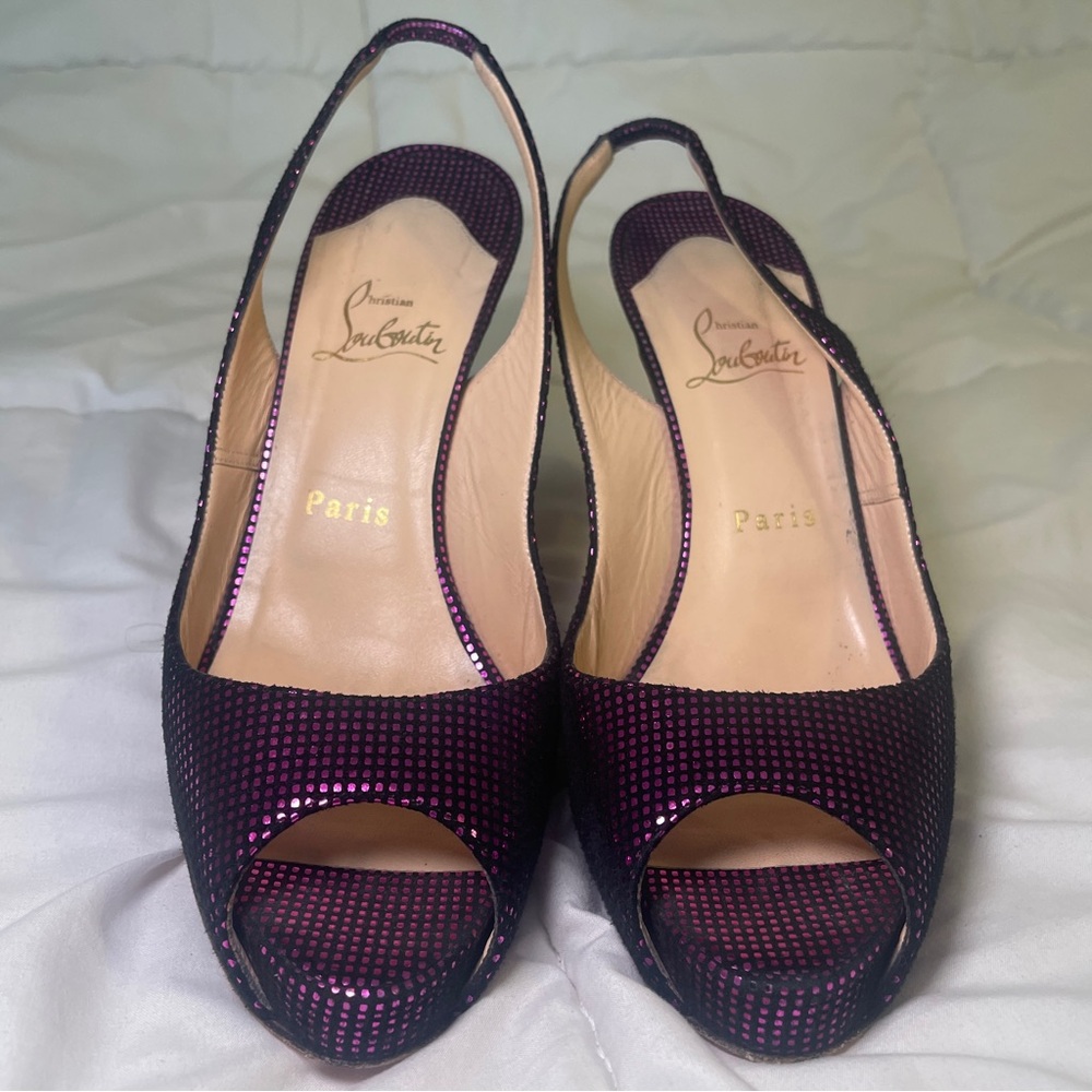 Christian Louboutin Metallic Purple/Black Textured Suede No. Prive Slingback - Picture 4 of 6